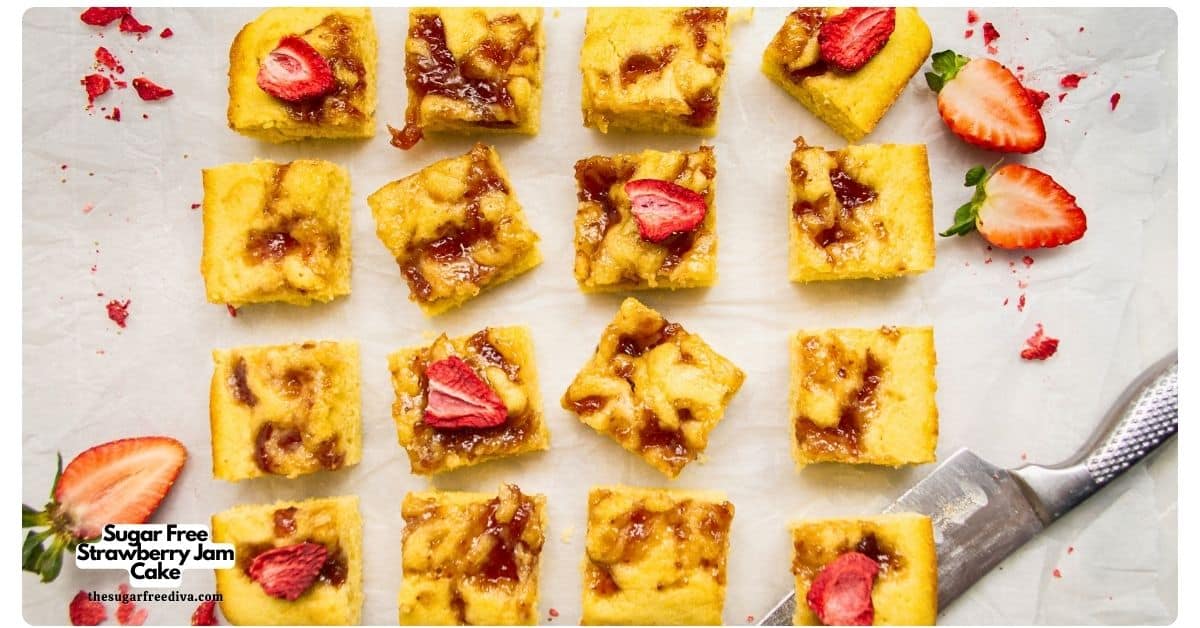 Sugar Free Strawberry Jam Snack Cake, a simple no added sugar dessert recipe made with simple pantry staples and fruit preserves. Sugar Free Strawberry Jam Snack Cake, a simple no added sugar dessert recipe made with simple pantry staples and fruit preserves.