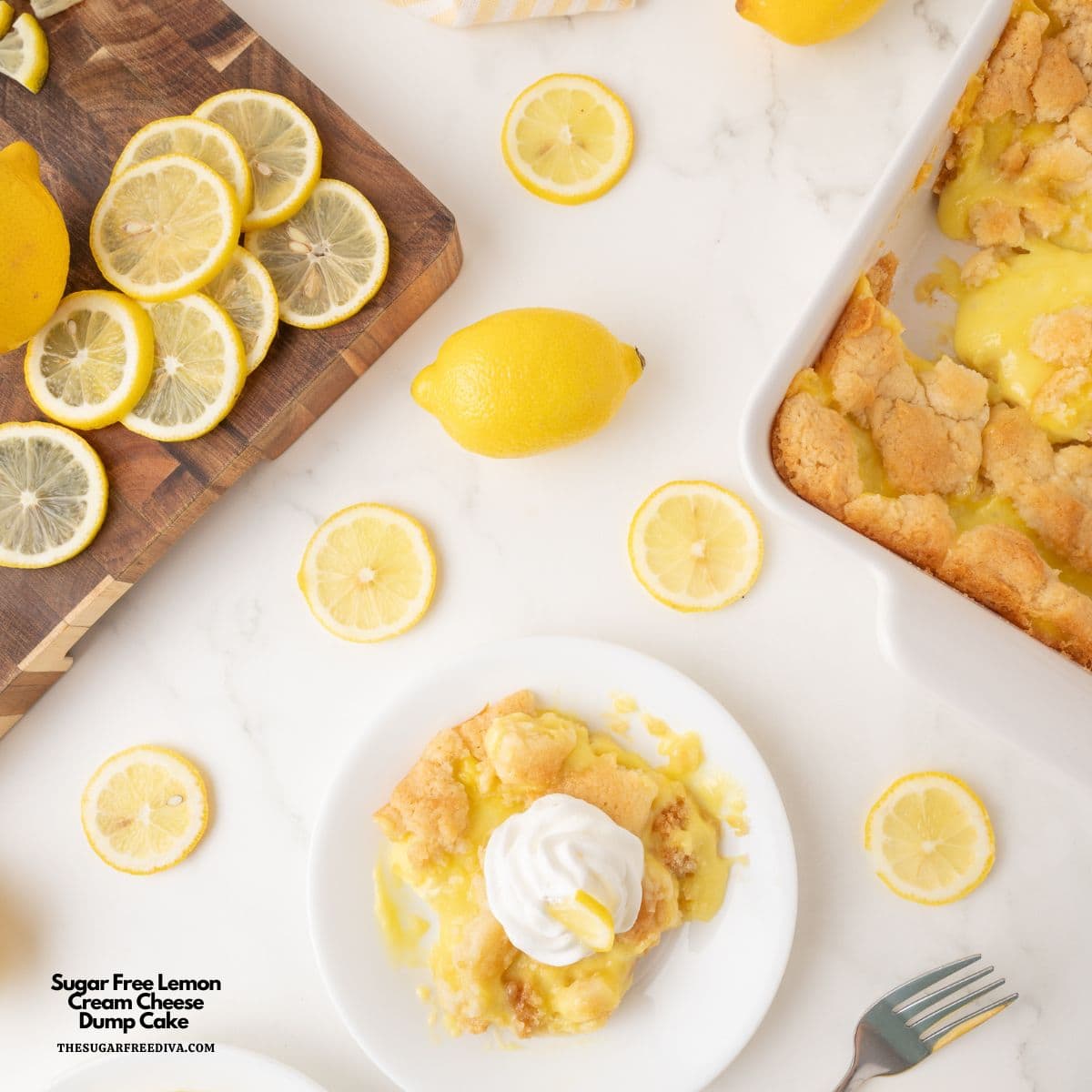 Sugar Free Lemon Cream Cheese Dump Cake, an easy no added sugar dessert recipe made with cake mix, pudding, and cream cheese.