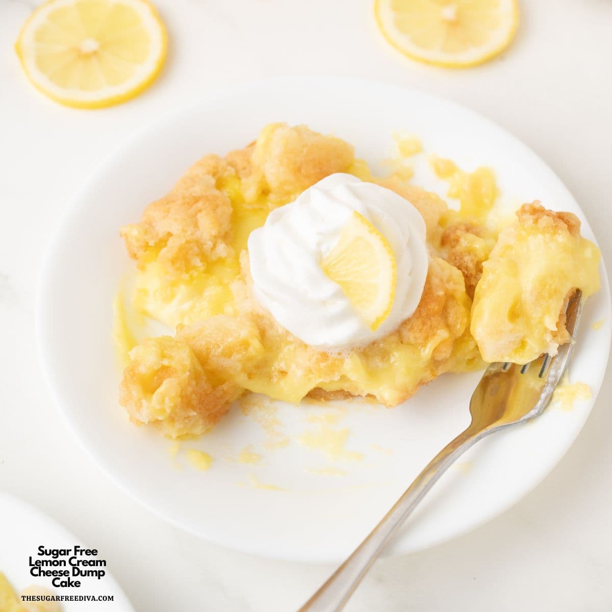 Sugar Free Lemon Cream Cheese Dump Cake, an easy no added sugar dessert recipe made with cake mix, pudding, and cream cheese.