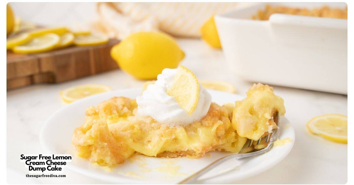 Sugar Free Lemon Cream Cheese Dump Cake, an easy no added sugar dessert recipe made with cake mix, pudding, and cream cheese.