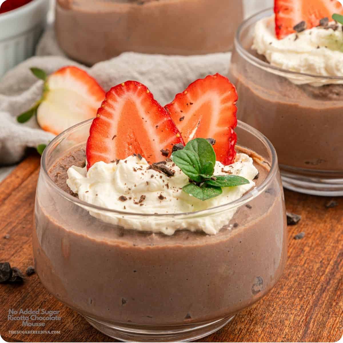 No Added Sugar Ricotta Chocolate Mousse, a 15 minute no bake sugar free recipe for velvety, cheesecake-like, decadent, guilt-free dessert.