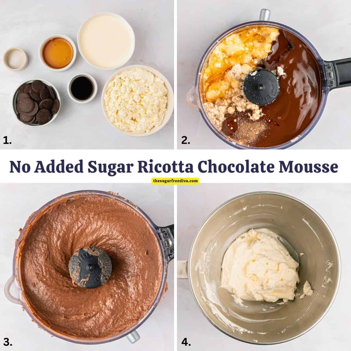 No Added Sugar Ricotta Chocolate Mousse, a 15 minute no bake sugar free recipe for velvety, cheesecake-like, decadent, guilt-free dessert. No Added Sugar Ricotta Chocolate Mousse