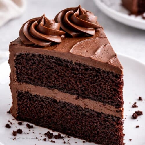 Sugar Free Devils Food Cake, a delicious cake recipe with a deep chocolate flavor, soft velvety crumb, and incredibly moist texture and no added sugar.