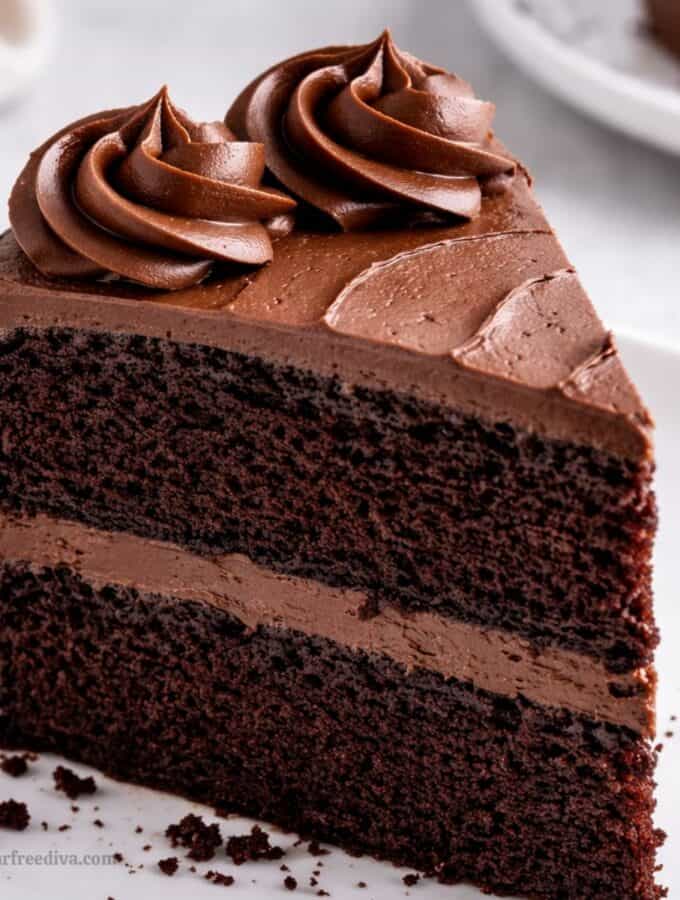 Sugar Free Devils Food Cake, a delicious cake recipe with a deep chocolate flavor, soft velvety crumb, and incredibly moist texture and no added sugar.