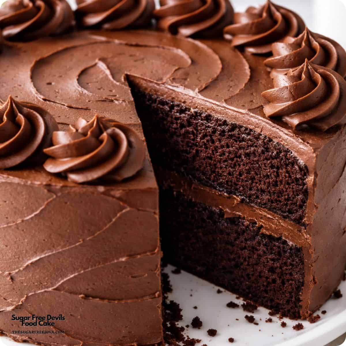 Sugar Free Devil's Food Cake, a delicious cake recipe with a deep chocolate flavor, soft velvety crumb, and incredibly moist texture and no added sugar. Sugar Free Devils Food Cake, a delicious cake recipe with a deep chocolate flavor, soft velvety crumb, and incredibly moist texture and no added sugar.
