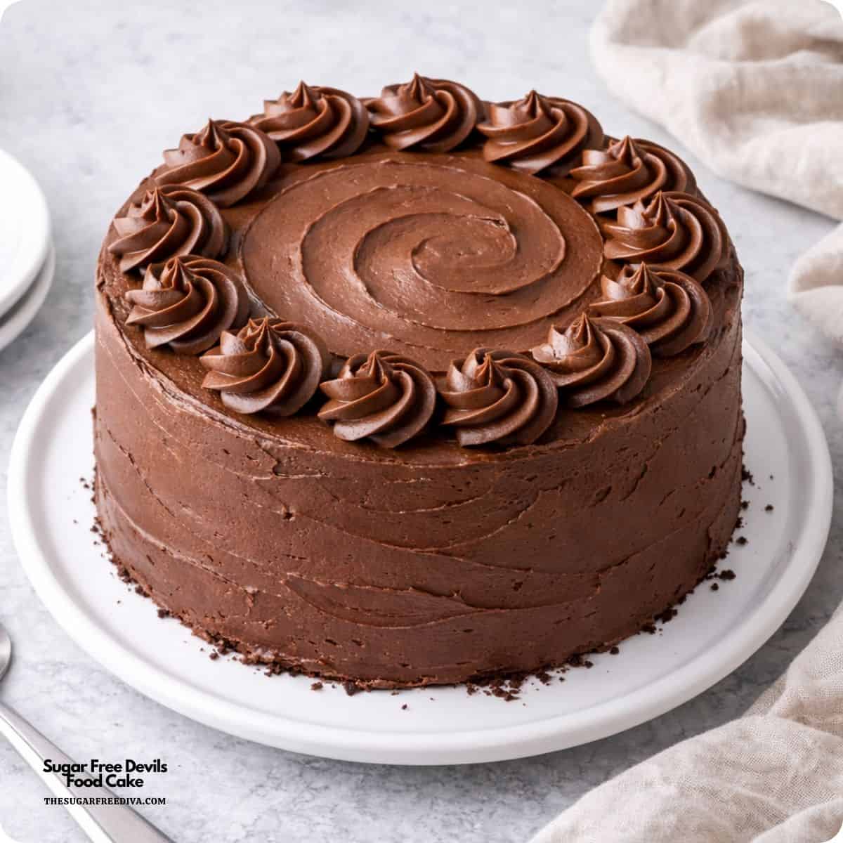 Sugar Free Devil's Food Cake, a delicious cake recipe with a deep chocolate flavor, soft velvety crumb, and incredibly moist texture and no added sugar. Sugar Free Devils Food Cake, a delicious cake recipe with a deep chocolate flavor, soft velvety crumb, and incredibly moist texture and no added sugar.