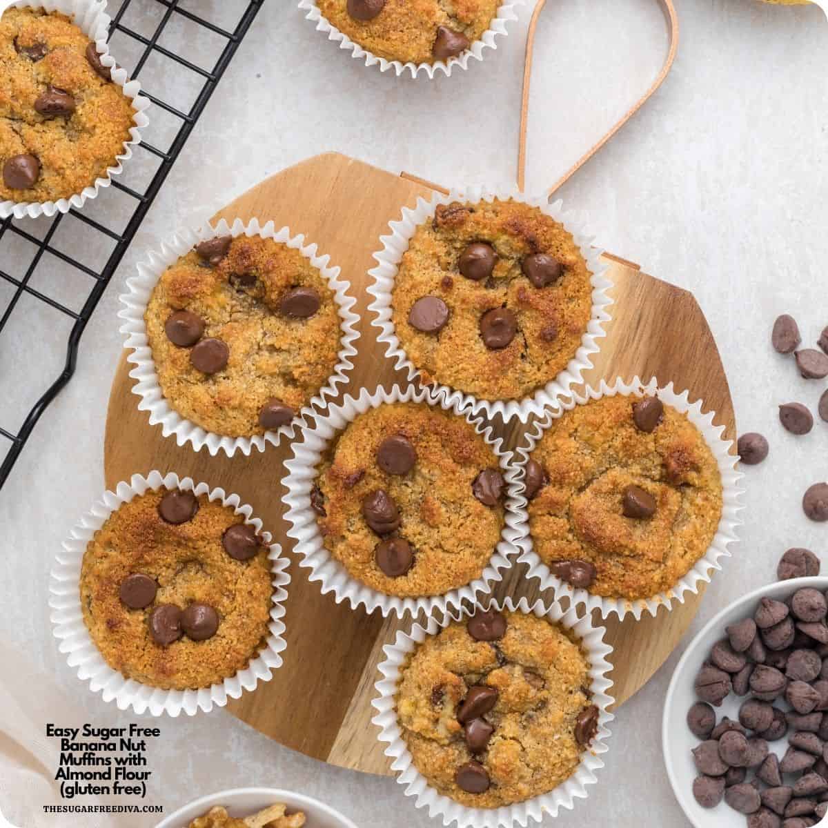 Sugar Free Banana Nut Muffins with Almond Flour loaded with walnuts and gooey chocolate chips for the ultimate guilt-free treat! Sugar Free Banana Nut Muffins with Almond Flour loaded with walnuts and gooey chocolate chips for the ultimate guilt-free treat!