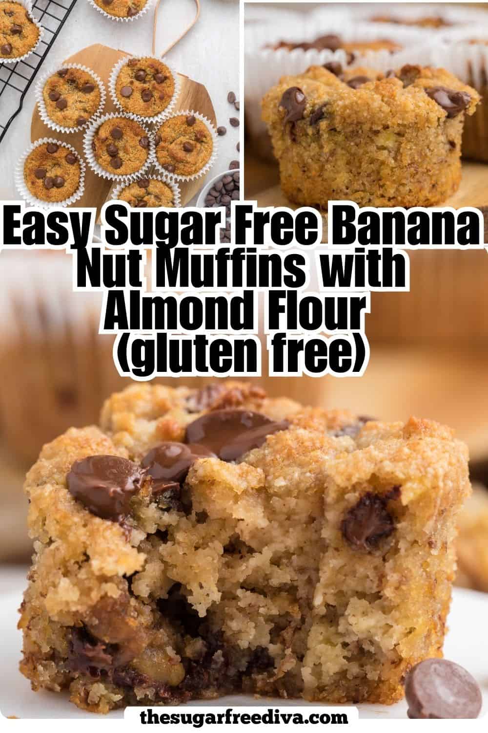 Sugar Free Banana Nut Muffins with Almond Flour loaded with walnuts and gooey chocolate chips for the ultimate guilt-free treat! Sugar Free Banana Nut Muffins with Almond Flour loaded with walnuts and gooey chocolate chips for the ultimate guilt-free treat!