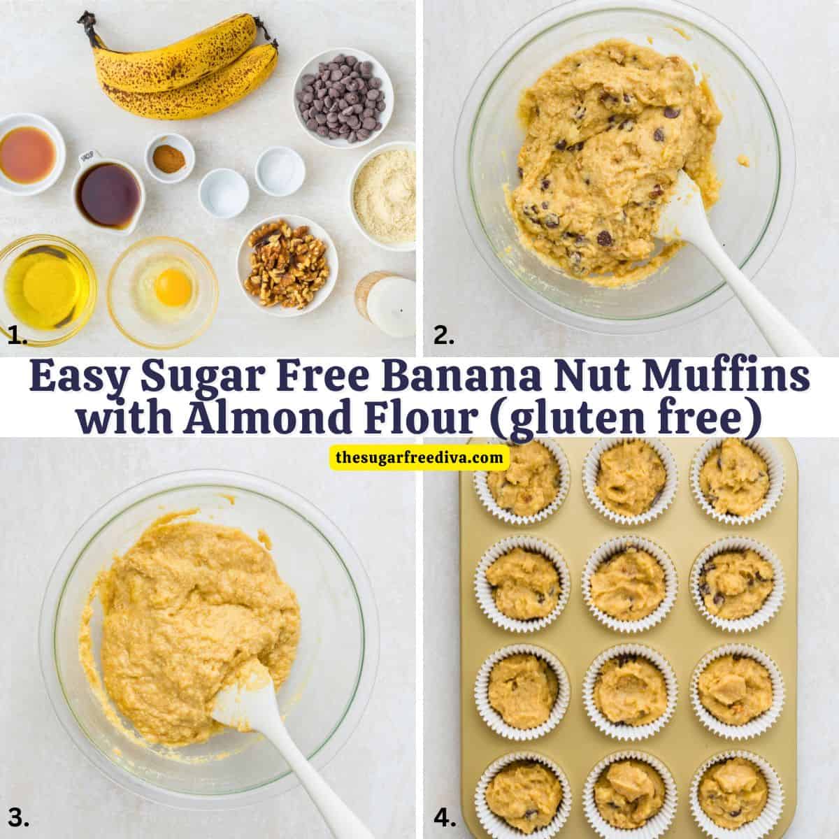Sugar Free Banana Nut Muffins with Almond Flour loaded with walnuts and gooey chocolate chips for the ultimate guilt-free treat! Sugar Free Banana Nut Muffins with Almond Flour loaded with walnuts and gooey chocolate chips for the ultimate guilt-free treat!