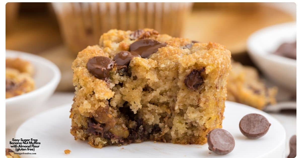 Sugar Free Banana Nut Muffins with Almond Flour loaded with walnuts and gooey chocolate chips for the ultimate guilt-free treat! Sugar Free Banana Nut Muffins with Almond Flour loaded with walnuts and gooey chocolate chips for the ultimate guilt-free treat!