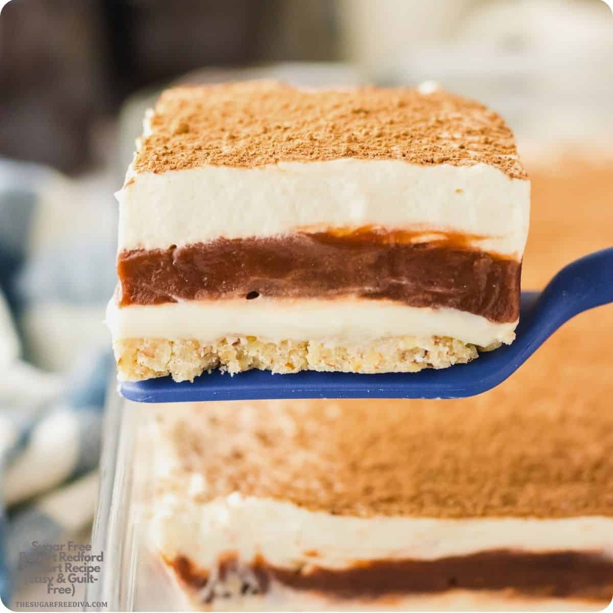 Sugar Free Robert Redford Dessert Recipe, a decadent 4 Layer Chocolate Pudding Dessert on a a buttery pecan shortbread crust. No added sugar.