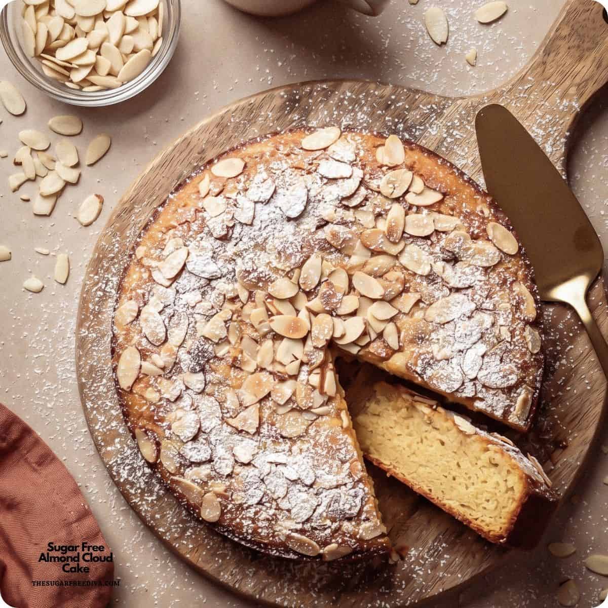Sugar Free Almond Cloud Cake, a soft, buttery almond flour cake with a delicate crumb, topped with crunchy slivered almonds. Keto GF Sugar Free Almond Cloud Cake, a soft, buttery almond flour cake with a delicate crumb, topped with crunchy slivered almonds. Keto GF