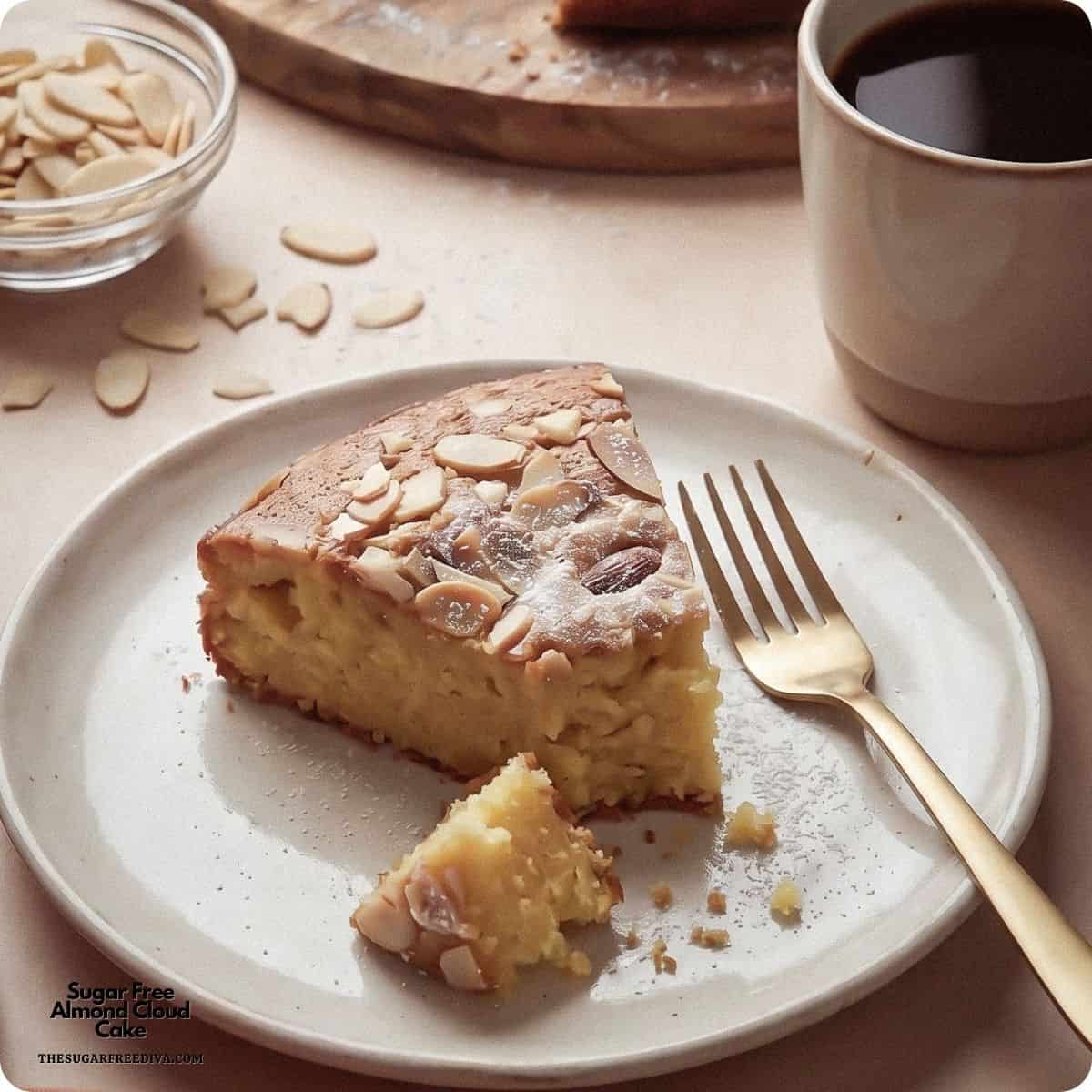 Sugar Free Almond Cloud Cake, a soft, buttery almond flour cake with a delicate crumb, topped with crunchy slivered almonds. Keto GF Sugar Free Almond Cloud Cake, a soft, buttery almond flour cake with a delicate crumb, topped with crunchy slivered almonds. Keto GF