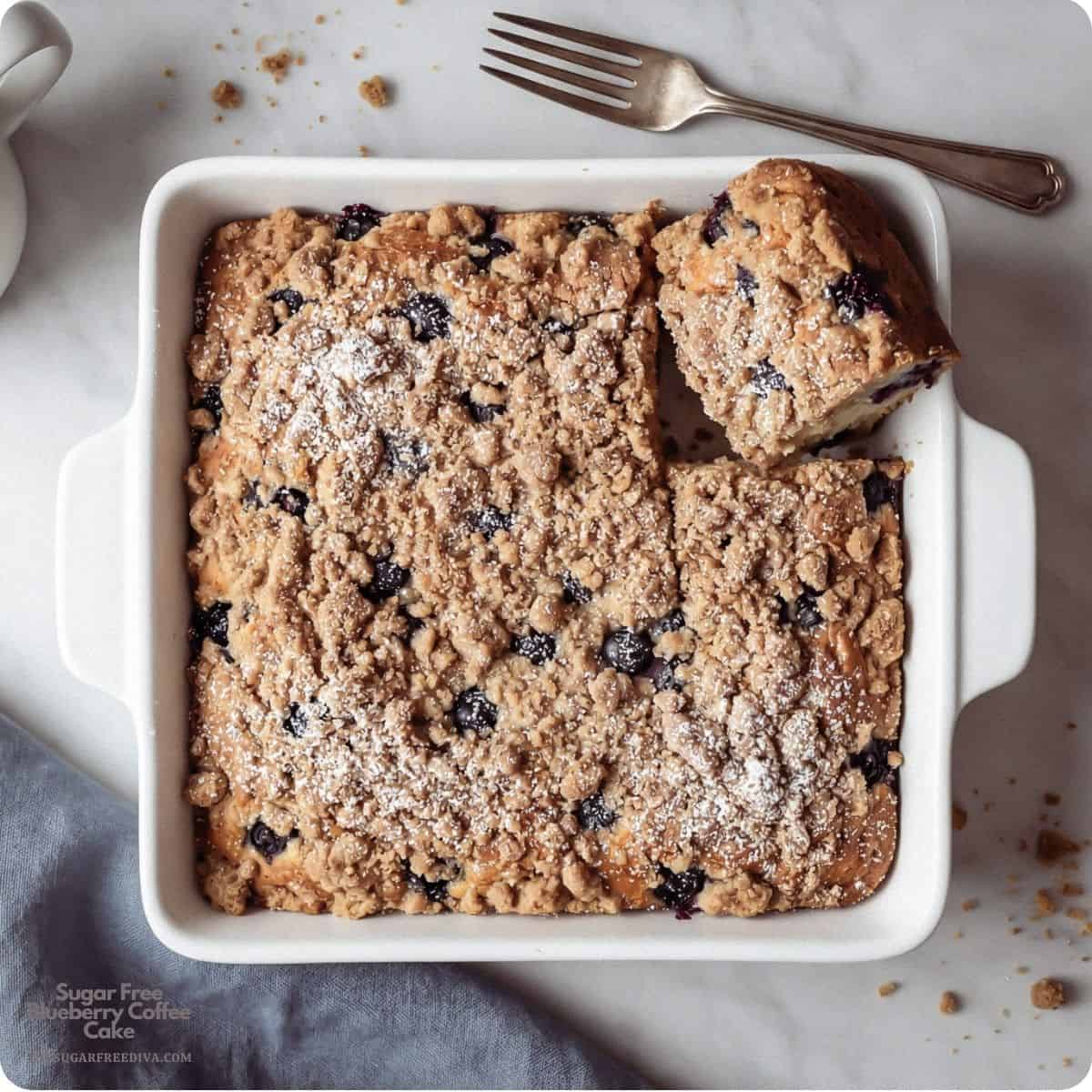 Moist and tender sugar free blueberry coffee cake made with fresh blueberries and a buttery cinnamon streusel topping. Perfect for breakfast, brunch, or dessert. Sugar Free Blueberry Coffee Cake, an easy no added sugar breakfast cake packed with juicy blueberries with a sweet cinnamon streusel topping.
