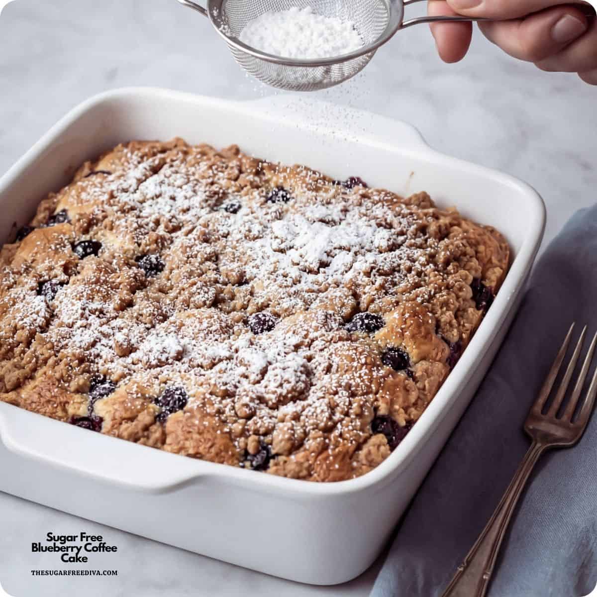 Moist and tender sugar free blueberry coffee cake made with fresh blueberries and a buttery cinnamon streusel topping. Perfect for breakfast, brunch, or dessert. Sugar Free Blueberry Coffee Cake, an easy no added sugar breakfast cake packed with juicy blueberries with a sweet cinnamon streusel topping.