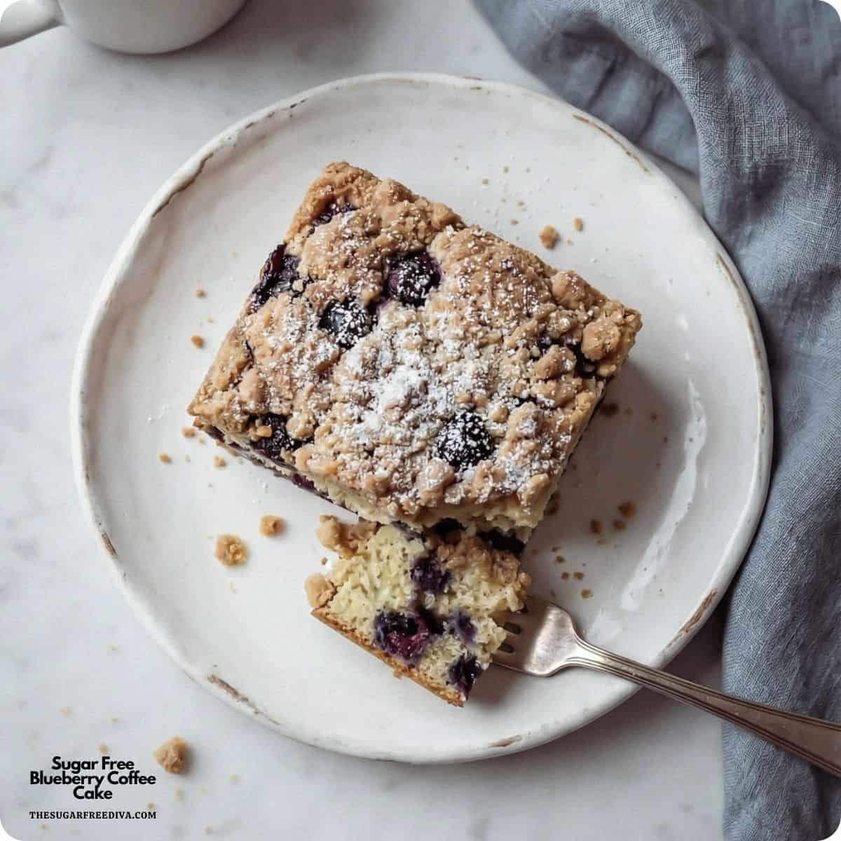 Moist and tender sugar free blueberry coffee cake made with fresh blueberries and a buttery cinnamon streusel topping. Perfect for breakfast, brunch, or dessert. Sugar Free Blueberry Coffee Cake, an easy no added sugar breakfast cake packed with juicy blueberries with a sweet cinnamon streusel topping.