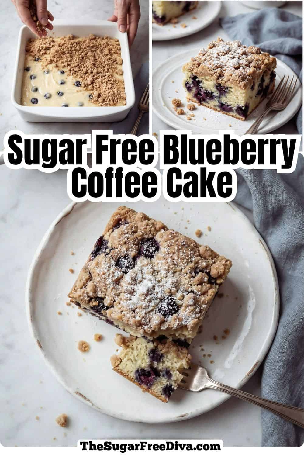 Moist and tender sugar free blueberry coffee cake made with fresh blueberries and a buttery cinnamon streusel topping. Perfect for breakfast, brunch, or dessert. Sugar Free Blueberry Coffee Cake, an easy no added sugar breakfast cake packed with juicy blueberries with a sweet cinnamon streusel topping.