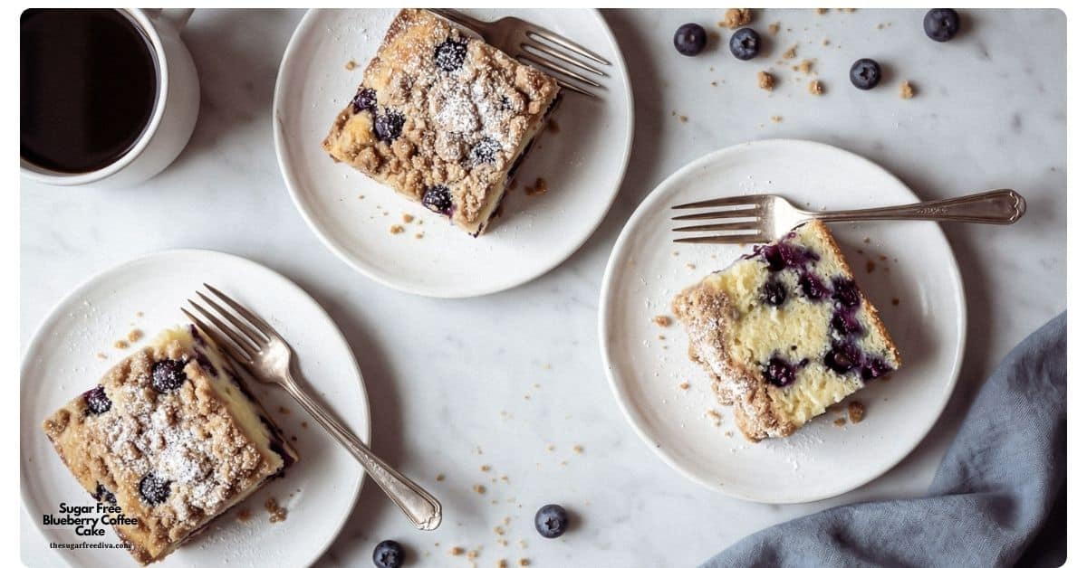 Moist and tender sugar free blueberry coffee cake made with fresh blueberries and a buttery cinnamon streusel topping. Perfect for breakfast, brunch, or dessert. Sugar Free Blueberry Coffee Cake, an easy no added sugar breakfast cake packed with juicy blueberries with a sweet cinnamon streusel topping.