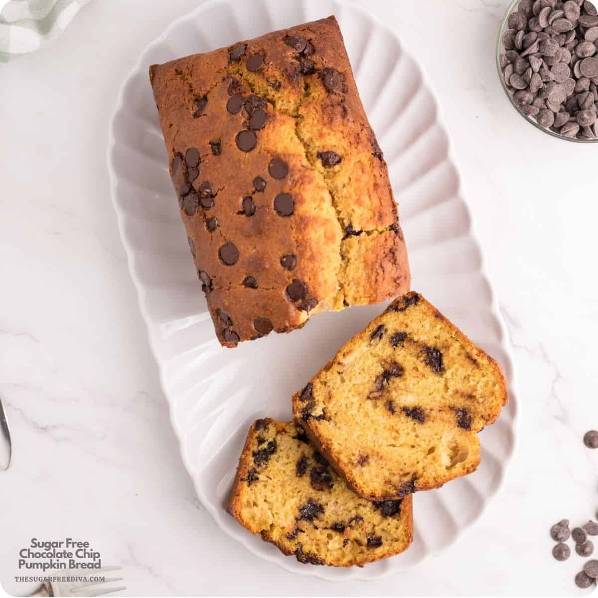 Sugar Free Chocolate Chip Pumpkin Bread, An easy moist and flavorful quick bread recipe perfect for breakfast, snacks, or fall baking.