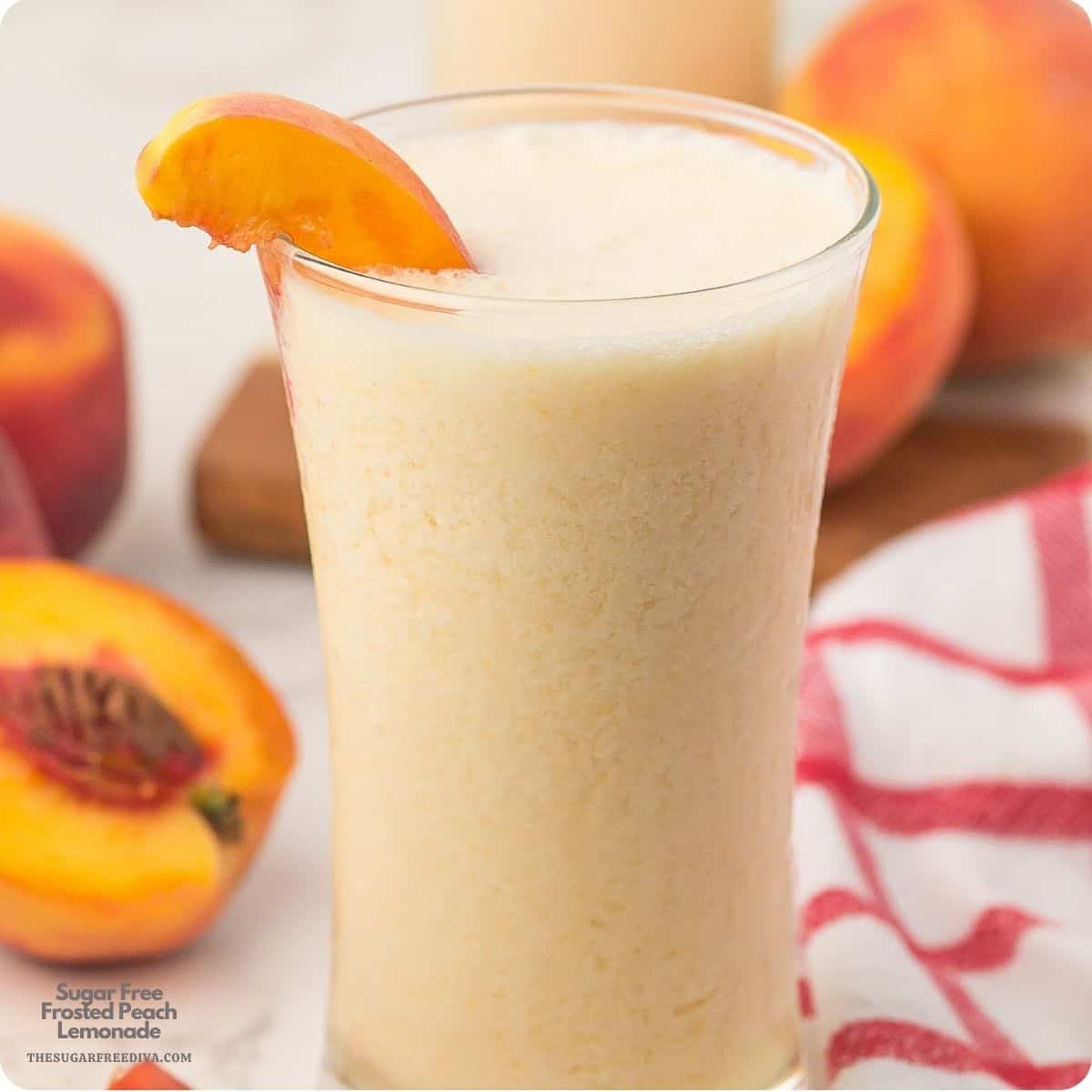 Sugar Free Frosted Peach Lemonade made with fresh peaches, natural lemonade, and creamy vanilla ice cream. Refreshing and easy recipe! Sugar Free Frosted Peach Lemonade made with fresh peaches, natural lemonade, and creamy vanilla ice cream. Refreshing and easy recipe!