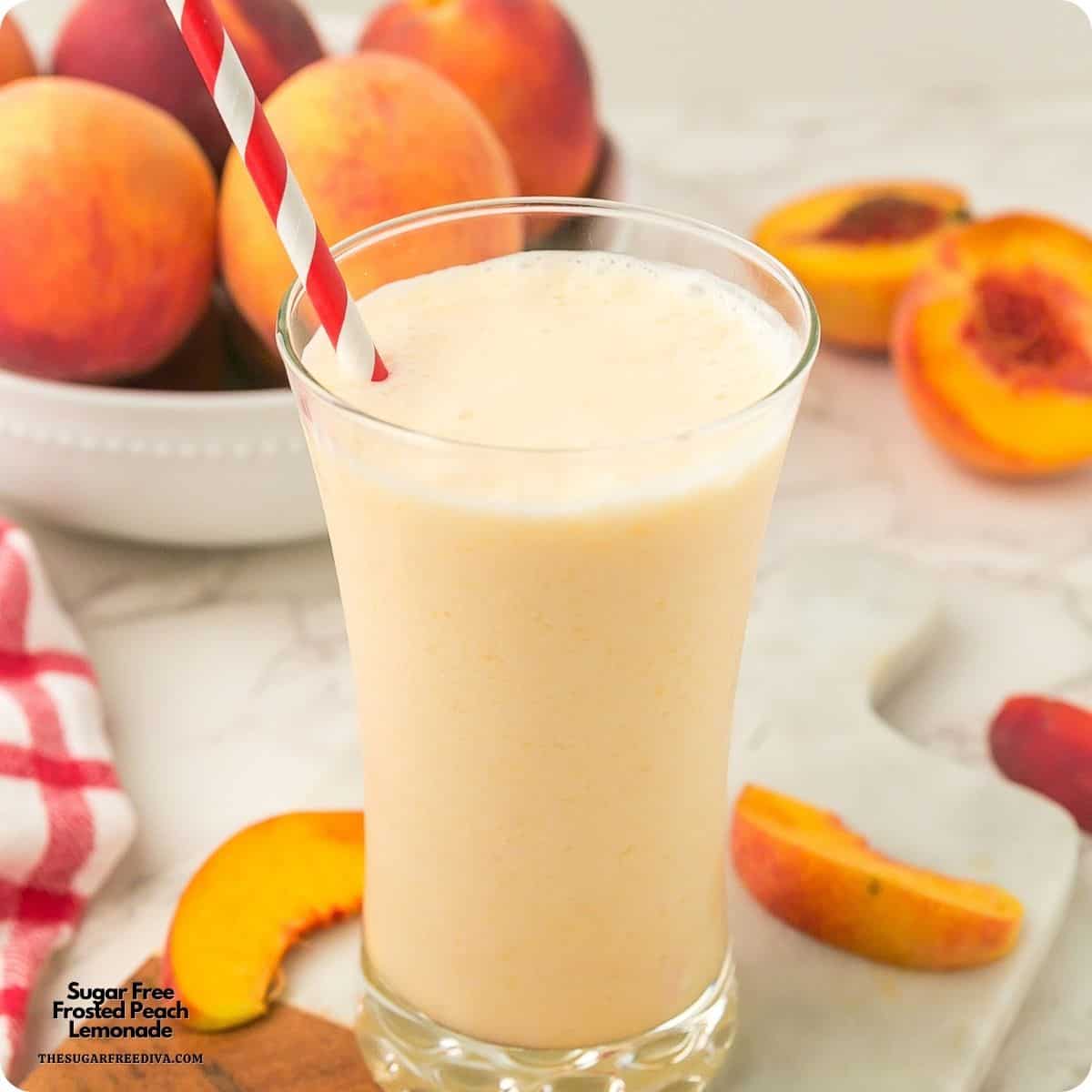 Sugar Free Frosted Peach Lemonade made with fresh peaches, natural lemonade, and creamy vanilla ice cream. Refreshing and easy recipe! Sugar Free Frosted Peach Lemonade made with fresh peaches, natural lemonade, and creamy vanilla ice cream. Refreshing and easy recipe!