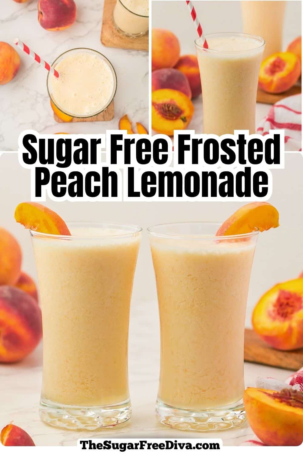 This Sugar Free Frosted Peach Lemonade is the ultimate creamy summer drink! Made with fresh peaches, all natural lemonade, and vanilla ice cream, it’s sweet, refreshing, and easy to make at home. Perfect for BBQs, pool days, and summer parties! Sugar Free Frosted Peach Lemonade made with fresh peaches, natural lemonade, and creamy vanilla ice cream. Refreshing and easy recipe!