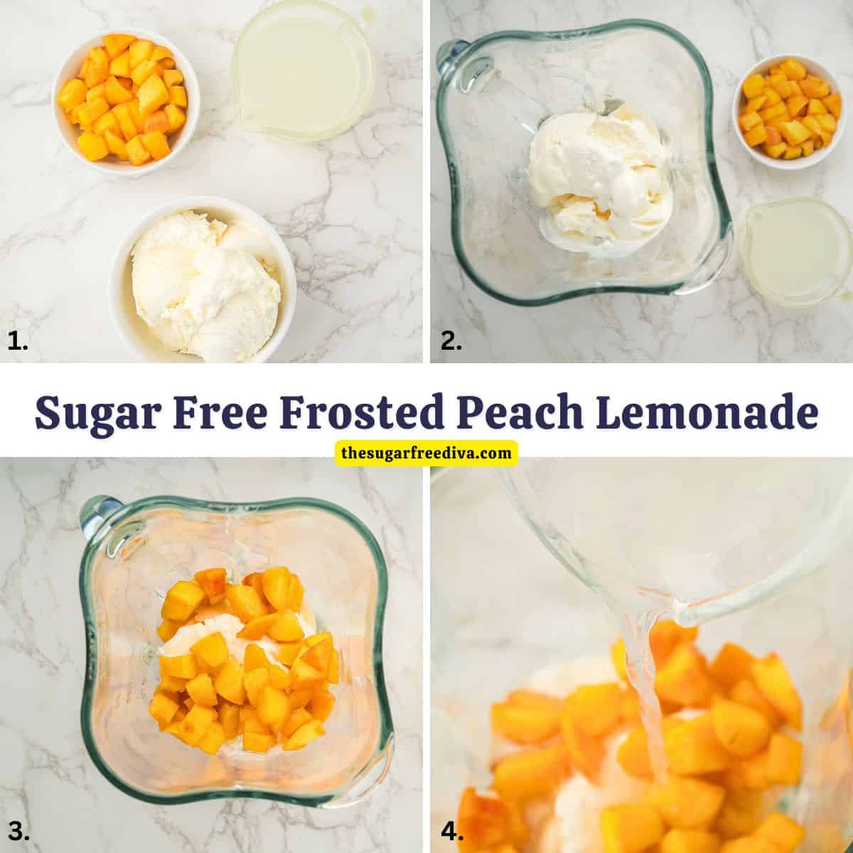 Sugar Free Frosted Peach Lemonade made with fresh peaches, natural lemonade, and creamy vanilla ice cream. Refreshing and easy recipe! Sugar Free Frosted Peach Lemonade made with fresh peaches, natural lemonade, and creamy vanilla ice cream. Refreshing and easy recipe!