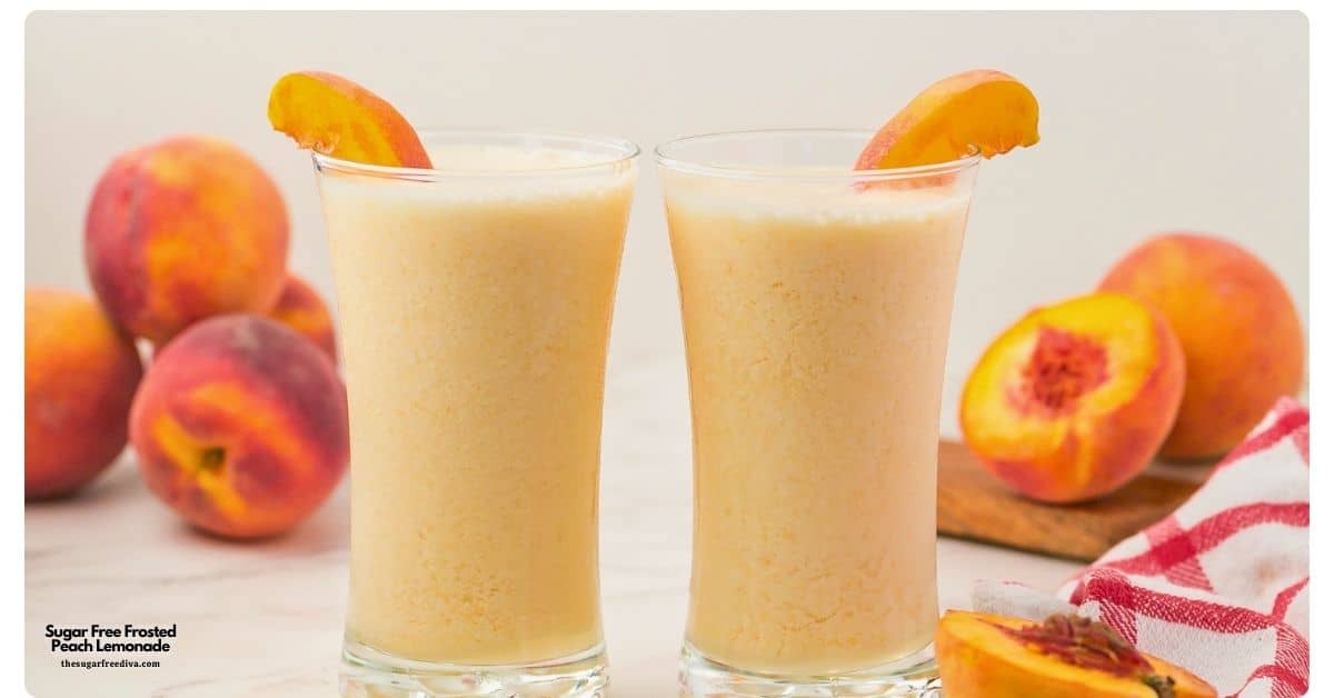 Sugar Free Frosted Peach Lemonade made with fresh peaches, natural lemonade, and creamy vanilla ice cream. Refreshing and easy recipe! Sugar Free Frosted Peach Lemonade made with fresh peaches, natural lemonade, and creamy vanilla ice cream. Refreshing and easy recipe!