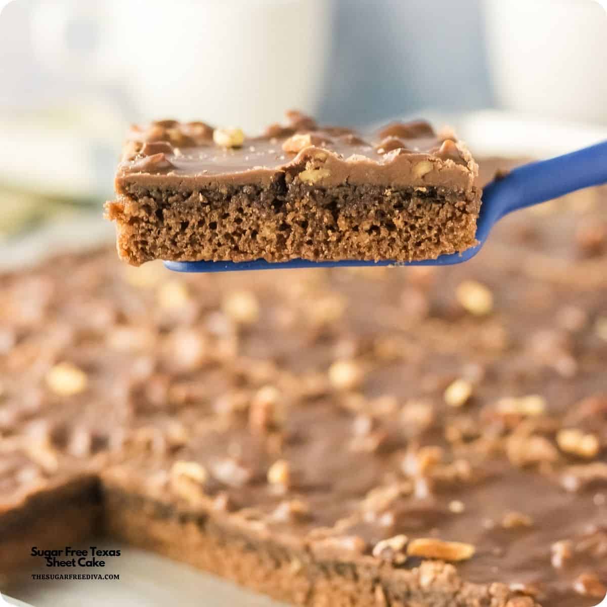 Sugar Free Texas Sheet Cake, a no added sugar dessert recipe for a fudgy cake topped with chocolate pecan frosting. Easy and perfect for potlucks, holidays, birthdays, and family gatherings. Sugar Free Texas Sheet Cake