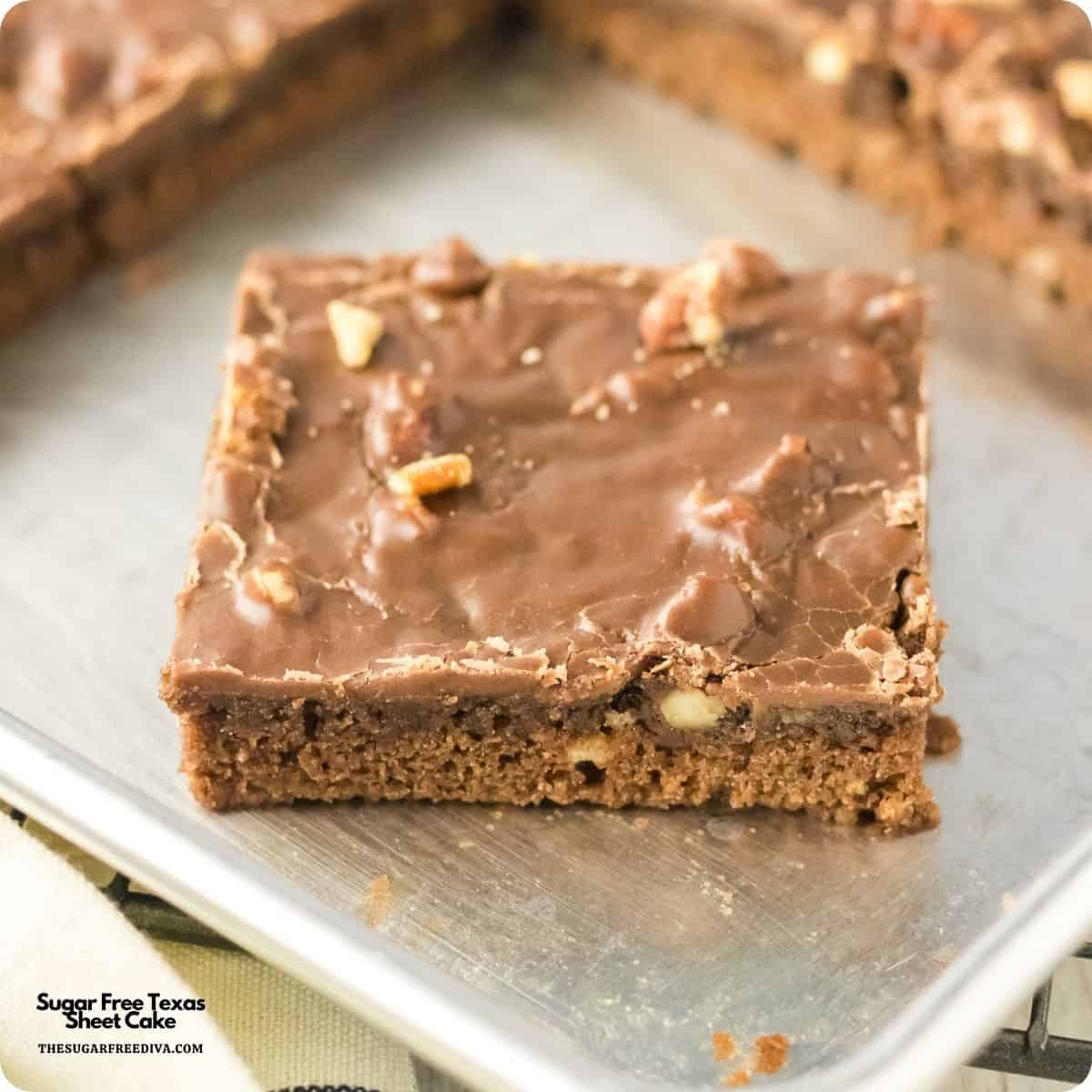 Sugar Free Texas Sheet Cake, a no added sugar dessert recipe for a fudgy cake topped with chocolate pecan frosting. Easy and perfect for potlucks, holidays, birthdays, and family gatherings. Sugar Free Texas Sheet Cake