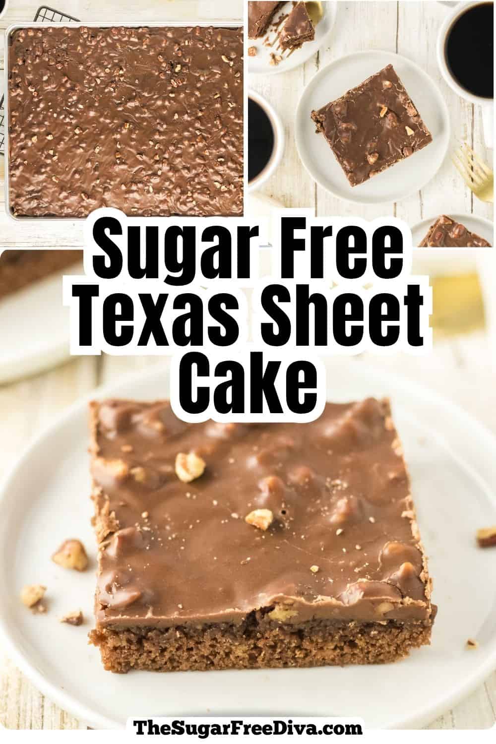 Sugar Free Texas Sheet Cake, a no added sugar dessert recipe for a fudgy cake topped with chocolate pecan frosting. Easy and perfect for potlucks, holidays, birthdays, and family gatherings. Sugar Free Texas Sheet Cake, a no added sugar dessert recipe for a fudgy cake topped with chocolate pecan frosting. Easy and perfect!