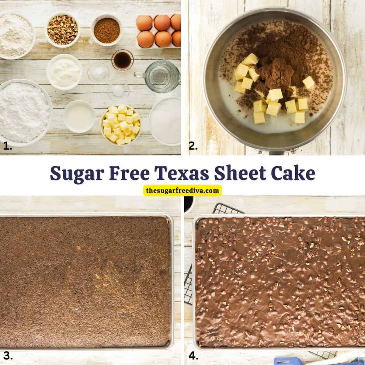 Sugar Free Texas Sheet Cake, a no added sugar dessert recipe for a fudgy cake topped with chocolate pecan frosting. Easy and perfect for potlucks, holidays, birthdays, and family gatherings. Sugar Free Texas Sheet Cake, a no added sugar dessert recipe for a fudgy cake topped with chocolate pecan frosting. Easy and perfect!