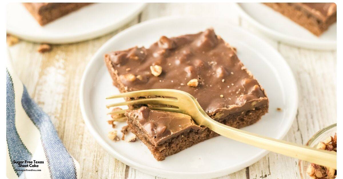 Sugar Free Texas Sheet Cake, a no added sugar dessert recipe for a fudgy cake topped with chocolate pecan frosting. Easy and perfect for potlucks, holidays, birthdays, and family gatherings. Sugar Free Texas Sheet Cake, a no added sugar dessert recipe for a fudgy cake topped with chocolate pecan frosting. Easy and perfect!