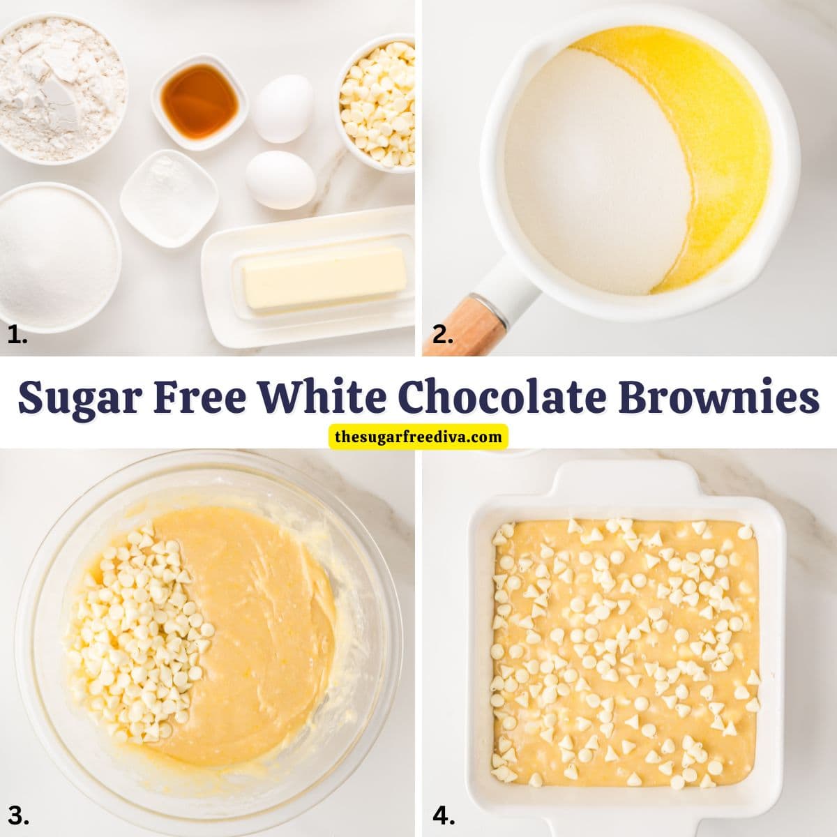 Sugar Free White Chocolate Brownies, an easy no added sugar dessert recipe for rich, chewy, dessert perfect for satisfying your sweet tooth! Sugar Free White Chocolate Brownies