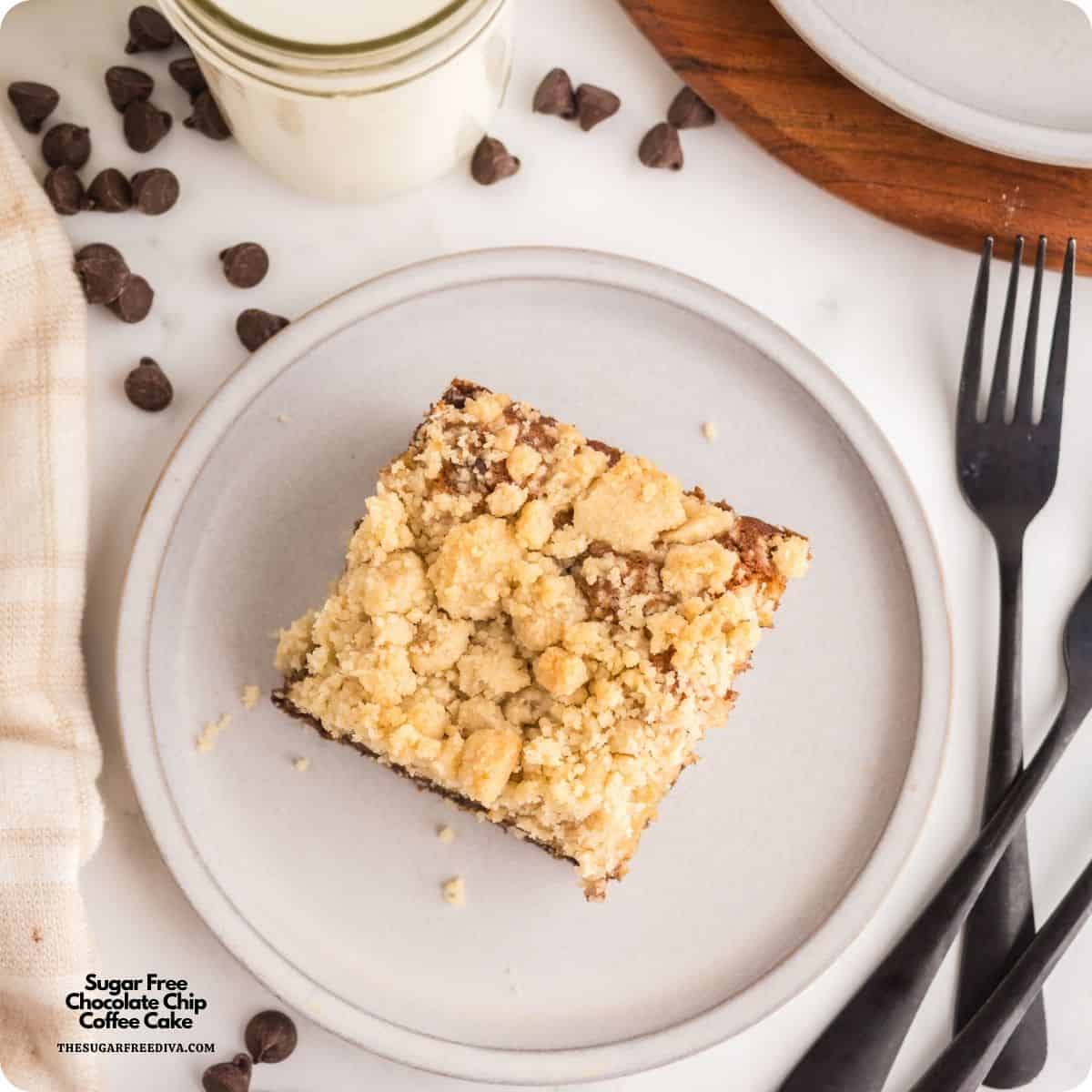 Sugar Free Chocolate Chip Coffee Cake, made with Greek yogurt, rich chocolate chips, and simple pantry ingredients. An easy and tasty treat! Sugar Free Chocolate Chip Coffee Cake, made with Greek yogurt, rich chocolate chips, and simple pantry ingredients. An easy and tasty treat!