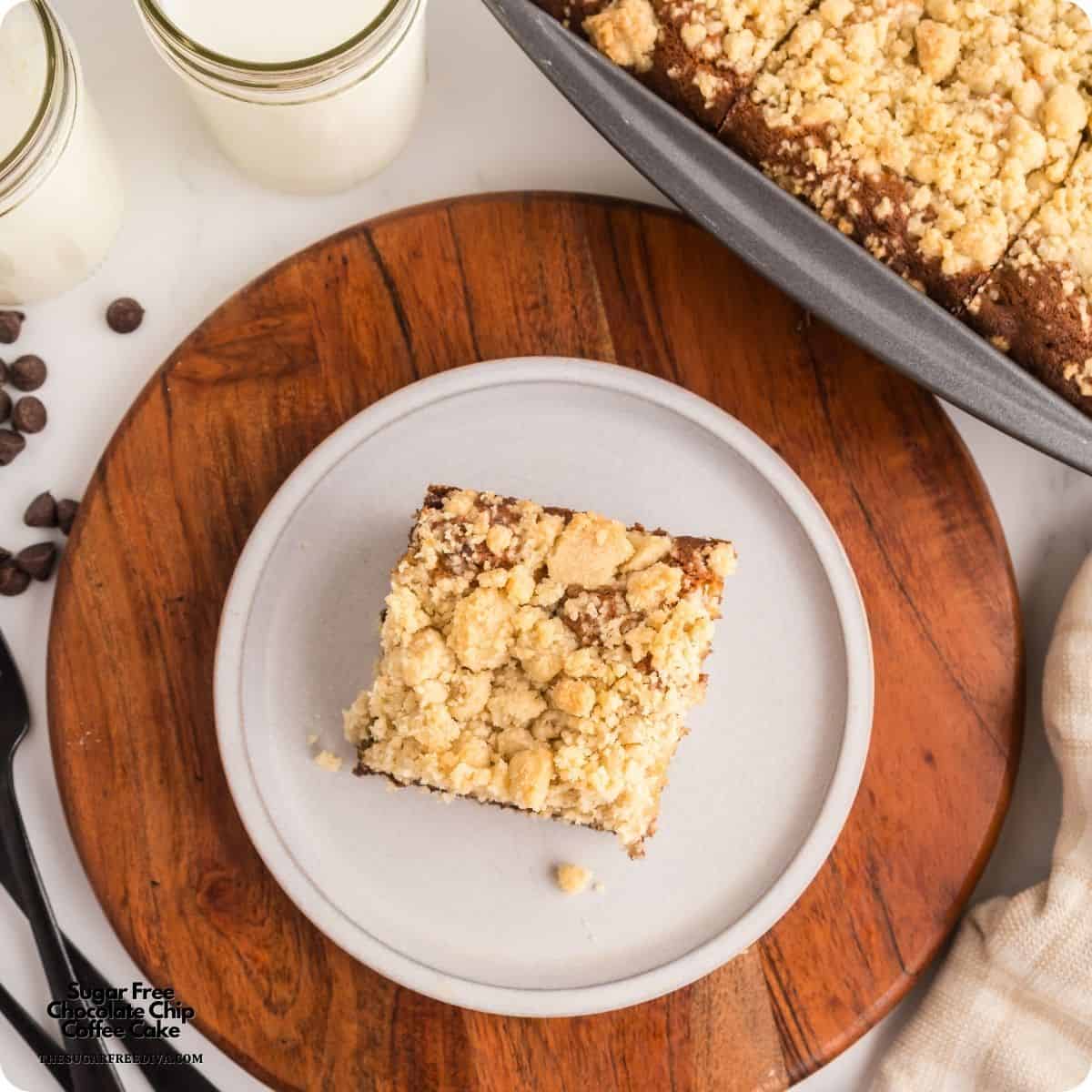 Sugar Free Chocolate Chip Coffee Cake, made with Greek yogurt, rich chocolate chips, and simple pantry ingredients. An easy and tasty treat! Sugar Free Chocolate Chip Coffee Cake, made with Greek yogurt, rich chocolate chips, and simple pantry ingredients. An easy and tasty treat!