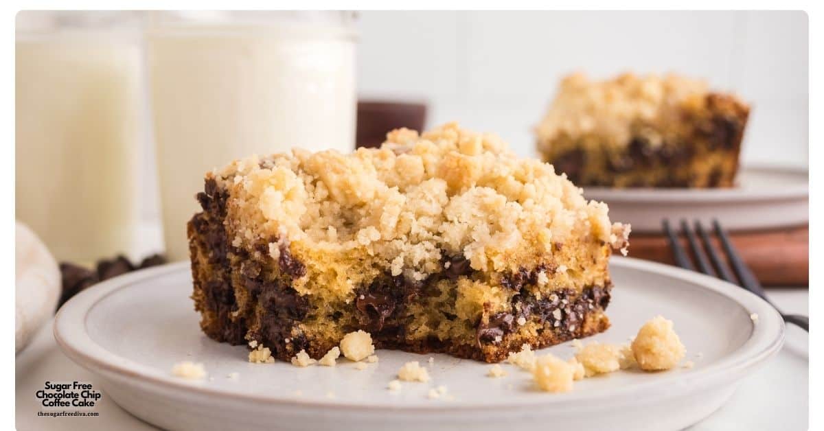 Sugar Free Chocolate Chip Coffee Cake, made with Greek yogurt, rich chocolate chips, and simple pantry ingredients. An easy and tasty treat! Sugar Free Chocolate Chip Coffee Cake, made with Greek yogurt, rich chocolate chips, and simple pantry ingredients. An easy and tasty treat!