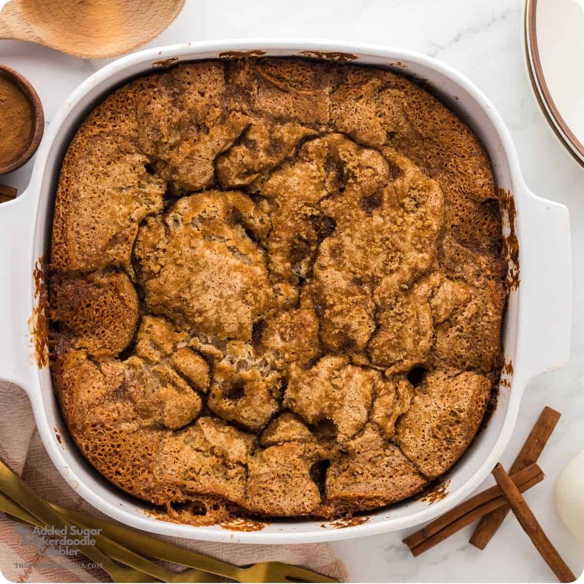 No Added Sugar Snickerdoodle Cobbler is an easy dessert recipe with a buttery cobbler base and sweet cinnamon snickerdoodle topping. No Added Sugar Snickerdoodle Cobbler is an easy dessert recipe with a buttery cobbler base and sweet cinnamon snickerdoodle topping.