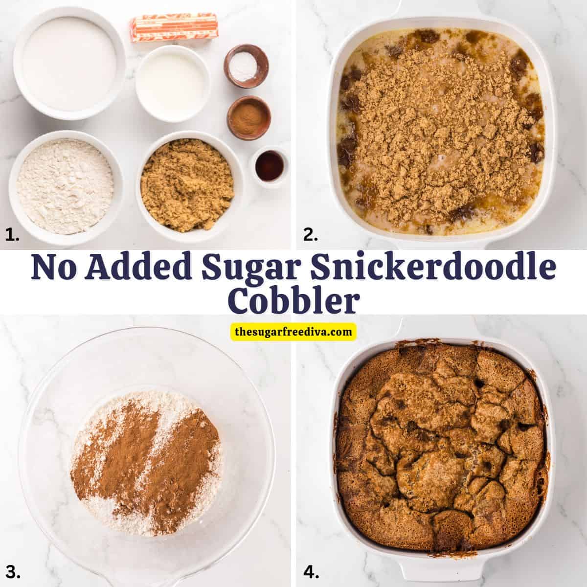 No Added Sugar Snickerdoodle Cobbler is an easy dessert recipe with a buttery cobbler base and sweet cinnamon snickerdoodle topping. No Added Sugar Snickerdoodle Cobbler is an easy dessert recipe with a buttery cobbler base and sweet cinnamon snickerdoodle topping.