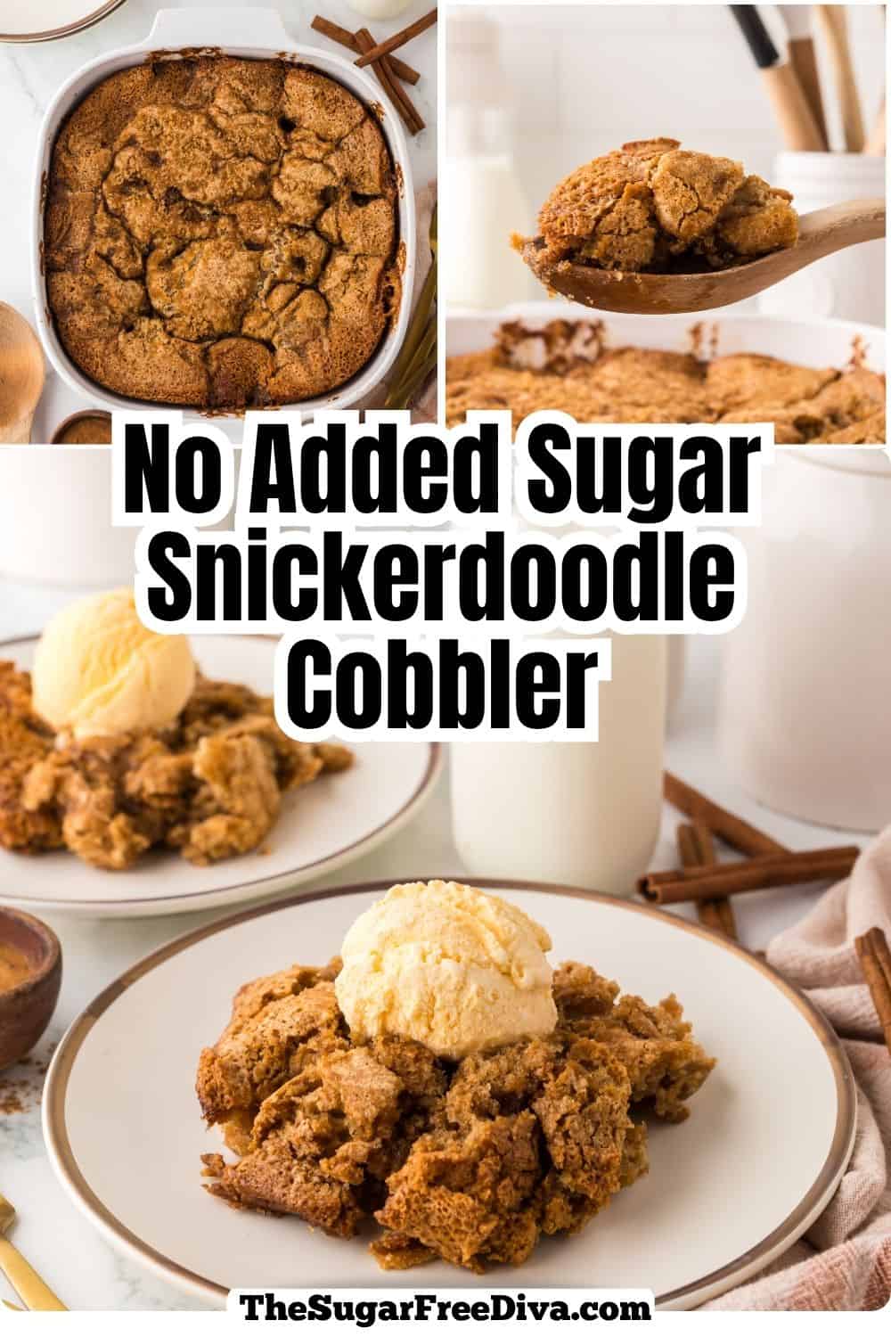 No Added Sugar Snickerdoodle Cobbler is an easy dessert recipe with a buttery cobbler base and sweet cinnamon snickerdoodle topping. No Added Sugar Snickerdoodle Cobbler is an easy dessert recipe with a buttery cobbler base and sweet cinnamon snickerdoodle topping.