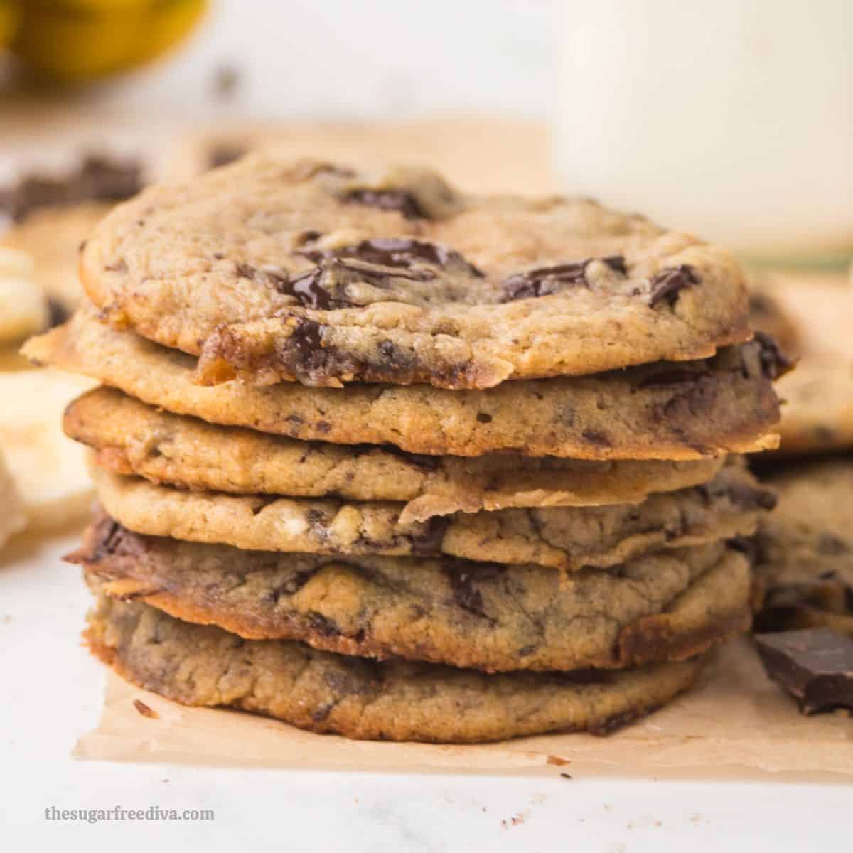 Sugar Free Chocolate Chip Banana Bread Cookies, Soft and Chewy Cookies made with ripe banana, melted butter, and chopped chocolate. Sugar Free Chocolate Chip Banana Bread Cookies, Soft and Chewy Cookies made with ripe banana, melted butter, and chopped chocolate.