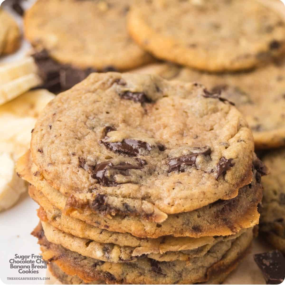 Sugar Free Chocolate Chip Banana Bread Cookies, Soft and Chewy Cookies made with ripe banana, melted butter, and chopped chocolate. Sugar Free Chocolate Chip Banana Bread Cookies, Soft and Chewy Cookies made with ripe banana, melted butter, and chopped chocolate.