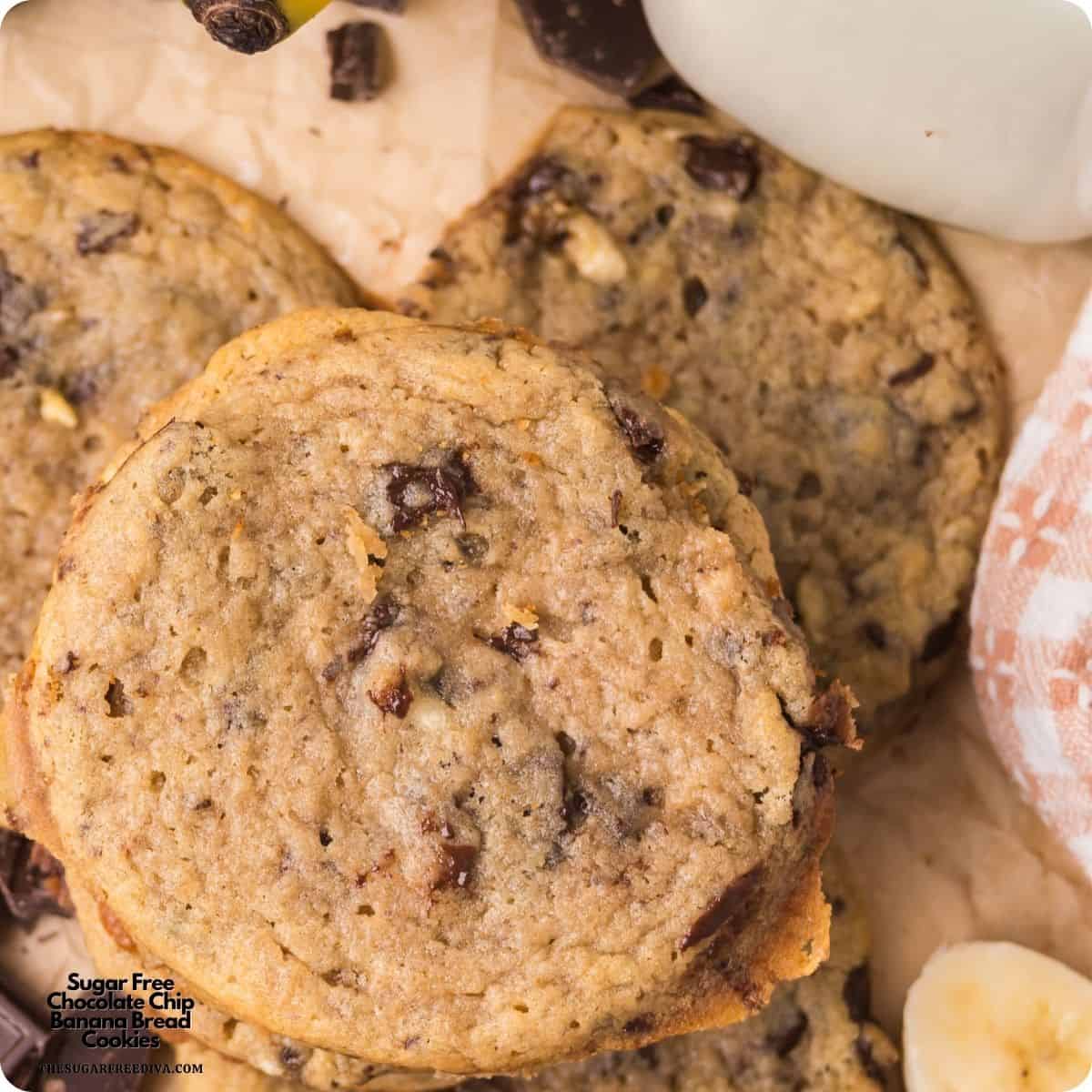Sugar Free Chocolate Chip Banana Bread Cookies, Soft and Chewy Cookies made with ripe banana, melted butter, and chopped chocolate. Sugar Free Chocolate Chip Banana Bread Cookies, Soft and Chewy Cookies made with ripe banana, melted butter, and chopped chocolate.