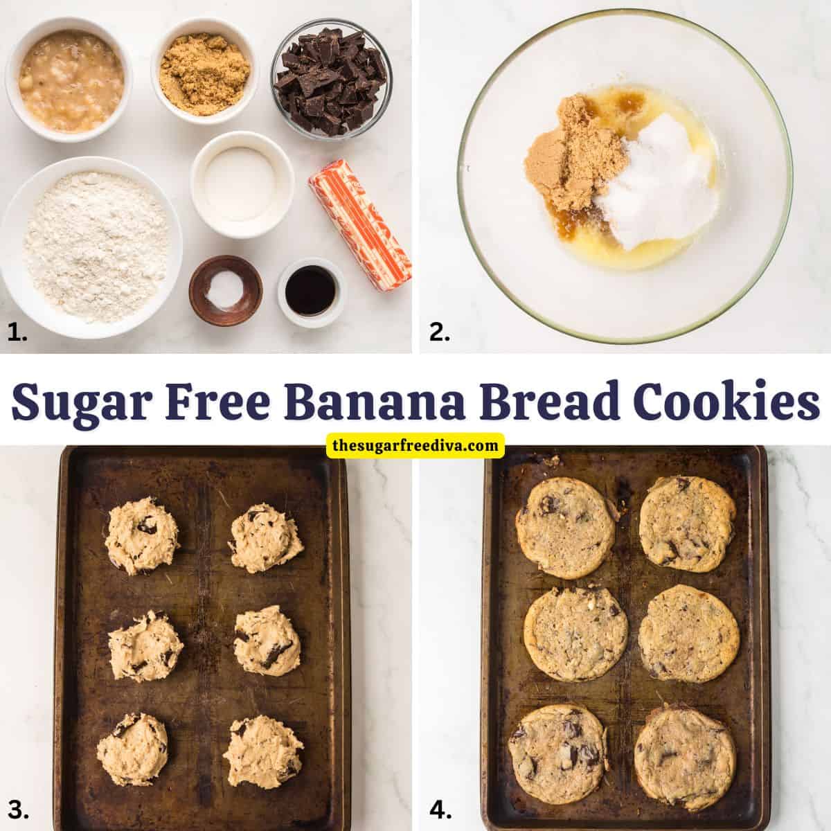 Sugar Free Chocolate Chip Banana Bread Cookies, Soft and Chewy Cookies made with ripe banana, melted butter, and chopped chocolate. Sugar Free Chocolate Chip Banana Bread Cookies, Soft and Chewy Cookies made with ripe banana, melted butter, and chopped chocolate.