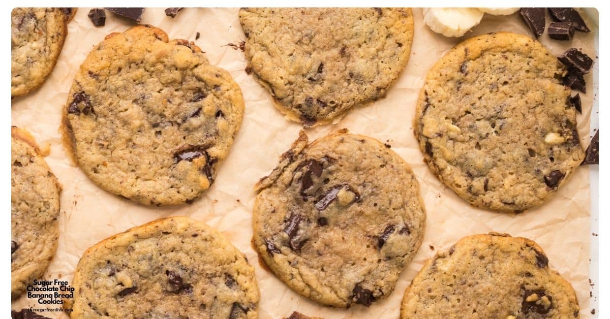 Sugar Free Chocolate Chip Banana Bread Cookies, Soft and Chewy Cookies made with ripe banana, melted butter, and chopped chocolate. Sugar Free Chocolate Chip Banana Bread Cookies, Soft and Chewy Cookies made with ripe banana, melted butter, and chopped chocolate.