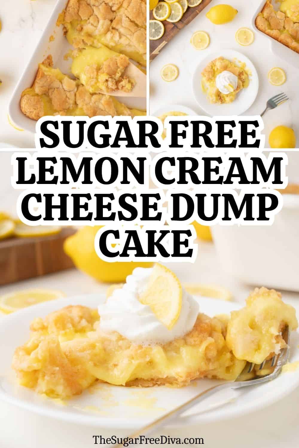 Sugar Free Lemon Cream Cheese Dump Cake, an easy no added sugar dessert recipe made with cake mix, pudding, and cream cheese.
