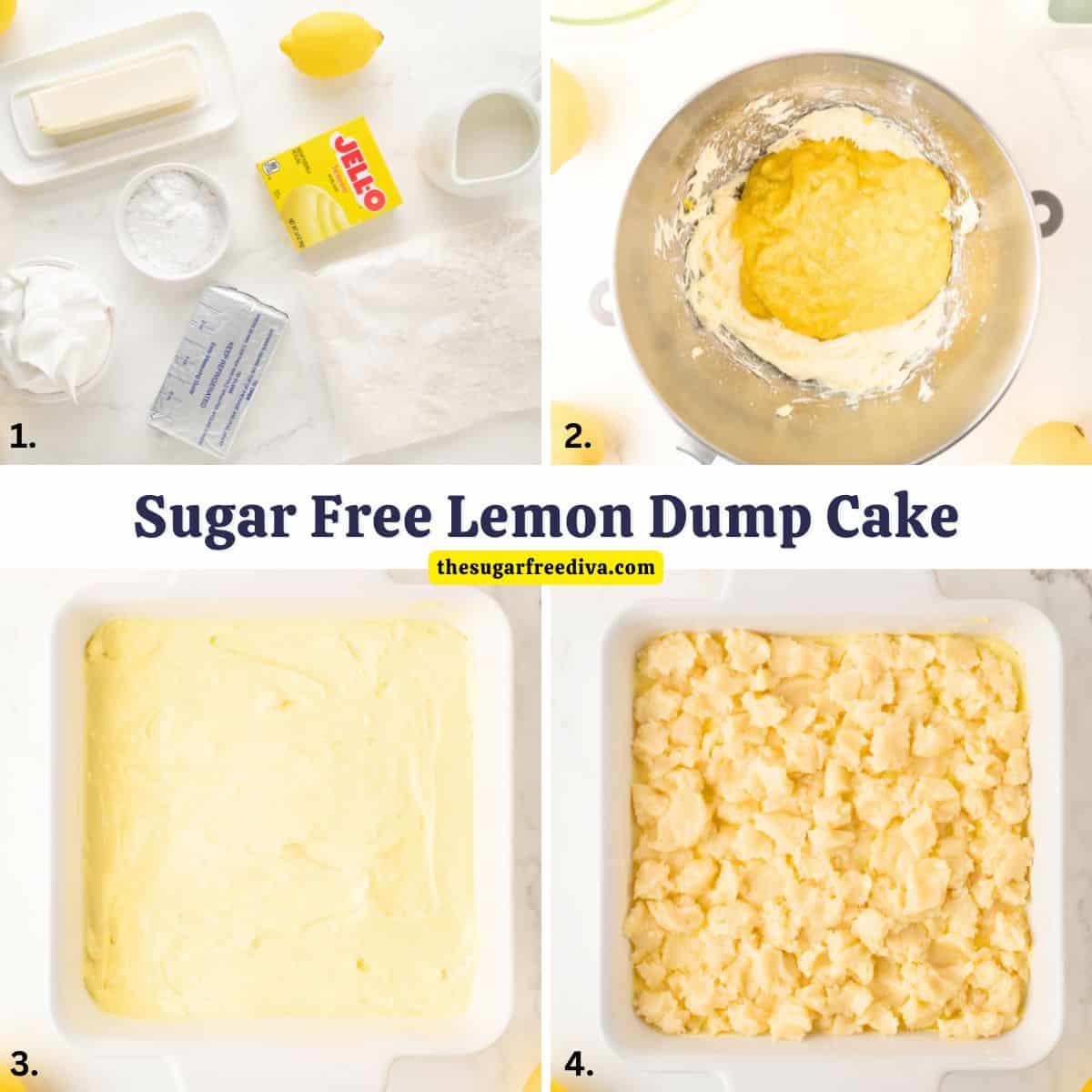 Sugar Free Lemon Cream Cheese Dump Cake, an easy no added sugar dessert recipe made with cake mix, pudding, and cream cheese.