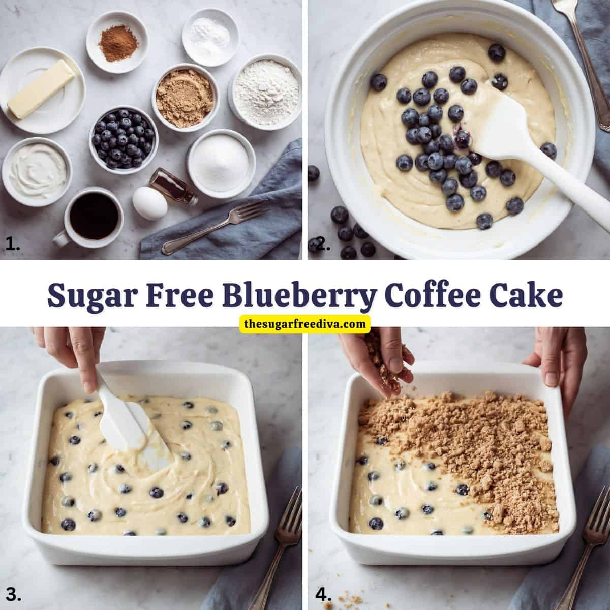 Moist and tender sugar free blueberry coffee cake made with fresh blueberries and a buttery cinnamon streusel topping. Perfect for breakfast, brunch, or dessert. Sugar Free Blueberry Coffee Cake, an easy no added sugar breakfast cake packed with juicy blueberries with a sweet cinnamon streusel topping.